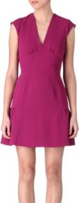 Rose Crepe Dress - style: shift; length: mid thigh; neckline: low v-neck; sleeve style: capped; pattern: plain; waist detail: wide waistband/cummerbund; predominant colour: pink; occasions: evening, occasion; fit: fitted at waist & bust; fibres: polyester/polyamide - 100%; sleeve length: short sleeve; texture group: crepes; pattern type: fabric; pattern size: standard