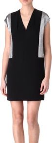 Romance Crepe Dress - style: shift; length: mid thigh; neckline: v-neck; sleeve style: capped; predominant colour: black; occasions: casual, evening; fit: straight cut; fibres: viscose/rayon - 100%; sleeve length: short sleeve; texture group: crepes; pattern type: fabric; pattern size: standard; pattern: colourblock
