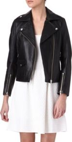 Veinarde Leather Biker Jacket - pattern: plain; style: biker; collar: asymmetric biker; predominant colour: black; occasions: casual, evening, work; length: standard; fit: straight cut (boxy); fibres: leather - 100%; sleeve length: long sleeve; sleeve style: standard; texture group: leather; collar break: medium; pattern type: fabric
