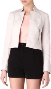 Natsue Cotton Jacket - length: cropped; collar: high neck; style: boxy; pattern: herringbone/tweed; predominant colour: ivory; occasions: casual, evening; fit: straight cut (boxy); fibres: polyester/polyamide - mix; sleeve length: long sleeve; sleeve style: standard; texture group: ornate wovens; collar break: high; pattern type: fabric
