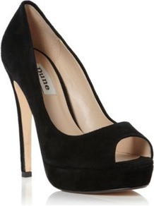 Black Suede Chamber High Heel Platform Peep Toe Court Shoe - predominant colour: black; occasions: evening, occasion; material: suede; heel height: high; heel: platform; toe: open toe/peeptoe; style: courts; finish: plain; pattern: plain
