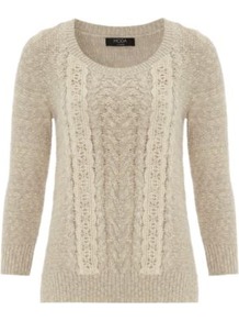 Moda Crochet Cable Jumper Wheat - neckline: round neck; style: standard; pattern: cable knit; predominant colour: stone; occasions: casual, work; length: standard; fibres: cotton - 100%; fit: standard fit; sleeve length: 3/4 length; sleeve style: standard; texture group: knits/crochet; pattern type: knitted - other; pattern size: standard