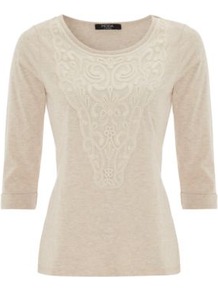 Moda Crochet Top Cream - neckline: round neck; pattern: plain; style: t-shirt; predominant colour: ivory; occasions: casual, work; length: standard; fibres: cotton - mix; fit: body skimming; bust detail: contrast pattern/fabric/detail at bust; sleeve length: 3/4 length; sleeve style: standard; pattern type: fabric; pattern size: standard; texture group: jersey - stretchy/drapey