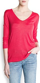 Devoré Knit Sweater - neckline: low v-neck; style: standard; predominant colour: true red; occasions: casual, work; length: standard; fibres: polyester/polyamide - 100%; fit: standard fit; sleeve length: 3/4 length; sleeve style: standard; texture group: knits/crochet; pattern type: knitted - fine stitch