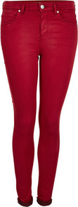 Moto Cherry Leigh Skinny Jean - style: skinny leg; pattern: plain; pocket detail: traditional 5 pocket; waist: mid/regular rise; predominant colour: true red; occasions: casual; length: ankle length; fibres: cotton - stretch; jeans detail: dark wash; jeans & bottoms detail: turn ups; texture group: denim; pattern type: fabric; pattern size: standard
