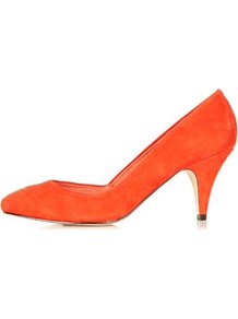 Jilted Almond Toe Heels - predominant colour: bright orange; occasions: casual, evening, work, occasion; material: suede; heel height: mid; heel: standard; toe: pointed toe; style: courts; finish: plain; pattern: plain