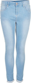 Petite Moto Bleach Leigh Jeans - style: skinny leg; pattern: plain; pocket detail: traditional 5 pocket; waist: mid/regular rise; predominant colour: pale blue; occasions: casual; length: ankle length; fibres: cotton - stretch; jeans detail: shading down centre of thigh, washed/faded; jeans & bottoms detail: turn ups; texture group: denim; pattern type: fabric