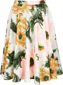 Flower Calf Skirt - length: mid thigh; style: full/prom skirt; fit: loose/voluminous; waist detail: fitted waist; waist: high rise; occasions: casual, evening, work, occasion, holiday; fibres: cotton - stretch; hip detail: soft pleats at hip/draping at hip/flared at hip; predominant colour: multicoloured; trends: high impact florals, volume; pattern type: fabric; pattern size: big & busy; texture group: jersey - stretchy/drapey