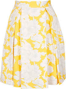 Yellow Floral Pleat Calf Skirt - fit: body skimming; style: pleated; waist detail: fitted waist; waist: high rise; predominant colour: yellow; occasions: casual, evening, work, occasion, holiday; length: just above the knee; fibres: cotton - stretch; hip detail: structured pleats at hip; trends: high impact florals, volume; pattern type: fabric; pattern size: big & busy; pattern: florals; texture group: other - light to midweight