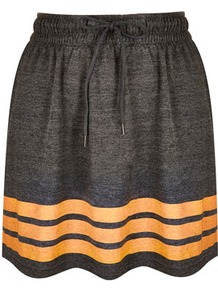 Grey Varsity Skater Skirt - length: mid thigh; pattern: horizontal stripes; fit: body skimming; waist detail: elasticated waist, fitted waist, belted waist/tie at waist/drawstring; waist: mid/regular rise; predominant colour: charcoal; occasions: casual, holiday; style: a-line; fibres: polyester/polyamide - mix; hip detail: ruching/gathering at hip, soft pleats at hip/draping at hip/flared at hip; trends: striking stripes, sporty redux; pattern type: fabric; pattern size: standard; texture group: jersey - stretchy/drapey