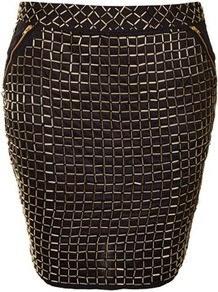 Premium Grid Embellished Skirt - pattern: plain; fit: body skimming; waist: mid/regular rise; predominant colour: black; occasions: casual, evening, work, occasion, holiday; length: just above the knee; style: mini skirt; fibres: cotton - 100%; hip detail: added detail/embellishment at hip; waist detail: narrow waistband; texture group: structured shiny - satin/tafetta/silk etc.; trends: metallics, modern geometrics; pattern type: fabric; pattern size: standard; embellishment: beading