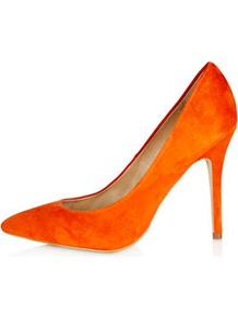 Gwenda Pointed Courts - predominant colour: bright orange; occasions: evening, work, occasion; material: suede; heel height: high; heel: stiletto; toe: pointed toe; style: courts; finish: plain; pattern: plain