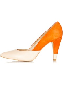 Glimpse Colour Mix Court Heels - predominant colour: bright orange; occasions: evening, work, occasion; material: leather; heel height: high; heel: cone; toe: pointed toe; style: courts; finish: plain; pattern: colourblock
