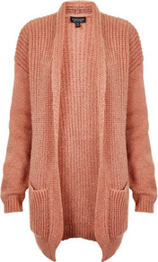 Knitted Mix Stitch Shawl Cardi - pattern: plain; neckline: shawl; length: below the bottom; hip detail: front pockets at hip; style: open front; predominant colour: coral; occasions: casual, work; fibres: acrylic - mix; fit: loose; sleeve length: long sleeve; sleeve style: standard; texture group: knits/crochet; pattern type: knitted - fine stitch; pattern size: standard