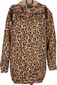 Leopard Ovoid Parka Jacket - length: below the bottom; style: parka; back detail: hood; collar: high neck; predominant colour: chocolate brown; occasions: casual, work; fit: straight cut (boxy); fibres: cotton - 100%; sleeve length: long sleeve; sleeve style: standard; texture group: cotton feel fabrics; trends: statement prints; collar break: high; pattern type: fabric; pattern size: small & busy; pattern: animal print