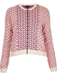 Knitted Spring Tile Jacket - collar: round collar/collarless; style: bomber; predominant colour: pink; occasions: casual; length: standard; fit: straight cut (boxy); fibres: cotton - 100%; sleeve length: long sleeve; sleeve style: standard; texture group: knits/crochet; trends: statement prints; collar break: high; pattern type: fabric; pattern size: small & busy; pattern: patterned/print
