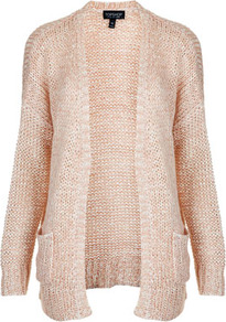 Knitted Mix Yarn Slouchy Cardi - hip detail: side pockets at hip; length: below the bottom; neckline: collarless open; style: open front; predominant colour: blush; occasions: casual, work; fibres: acrylic - mix; fit: loose; sleeve length: long sleeve; sleeve style: standard; texture group: knits/crochet; pattern type: knitted - fine stitch; pattern size: standard