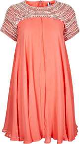 **Limited Edition Pearl Shift Dress - style: shift; length: mid thigh; fit: loose; bust detail: added detail/embellishment at bust; shoulder detail: contrast pattern/fabric at shoulder; predominant colour: coral; occasions: evening, occasion; fibres: polyester/polyamide - 100%; neckline: crew; hip detail: soft pleats at hip/draping at hip/flared at hip; sleeve length: short sleeve; sleeve style: standard; texture group: sheer fabrics/chiffon/organza etc.; pattern type: fabric; pattern size: small & light; embellishment: beading