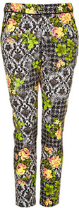 Petite Acid Leaf Print Trousers - pocket detail: pockets at the sides; waist: mid/regular rise; predominant colour: charcoal; occasions: casual, evening, work, holiday; length: ankle length; fibres: cotton - stretch; waist detail: narrow waistband; texture group: cotton feel fabrics; trends: high impact florals, statement prints, fluorescent; fit: slim leg; pattern type: fabric; pattern size: big & busy; pattern: florals; style: standard