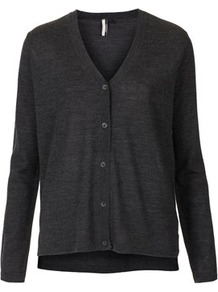 Knitted Merino V Neck Cardi - neckline: low v-neck; pattern: plain; bust detail: buttons at bust (in middle at breastbone)/zip detail at bust; predominant colour: charcoal; occasions: casual, work; length: standard; style: standard; fibres: wool - 100%; fit: standard fit; sleeve length: long sleeve; sleeve style: standard; texture group: knits/crochet; pattern type: knitted - fine stitch; pattern size: standard