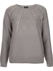 Knitted Embellished Ray Jumper - neckline: round neck; bust detail: added detail/embellishment at bust; style: standard; predominant colour: mid grey; occasions: casual, evening, work; length: standard; fibres: acrylic - mix; fit: standard fit; sleeve length: long sleeve; sleeve style: standard; texture group: knits/crochet; pattern type: fabric; pattern size: small & light; pattern: patterned/print