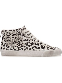 Leopard Print Sneaker - predominant colour: black; occasions: casual, holiday; material: animal skin; heel height: flat; embellishment: studs; heel: standard; toe: round toe; boot length: ankle boot; style: high top; trends: statement prints, metallics; finish: metallic; pattern: animal print