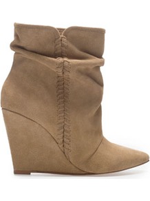 Suede Wedge Ankle Boot - predominant colour: camel; occasions: casual, evening, work; material: suede; heel height: high; heel: wedge; toe: pointed toe; boot length: ankle boot; style: standard; finish: plain; pattern: plain