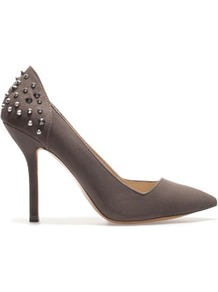 Court Shoe With Studded Heel - predominant colour: charcoal; occasions: evening, work, occasion; material: faux shearling; heel height: high; embellishment: studs; heel: stiletto; toe: pointed toe; style: courts; trends: metallics; finish: plain; pattern: plain