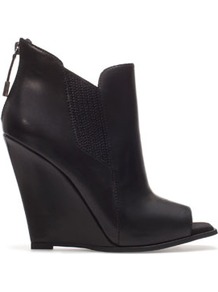 Peep Toe Wedge Ankle Boot - predominant colour: black; occasions: casual, evening; material: leather; heel height: high; embellishment: zips; heel: wedge; toe: open toe/peeptoe; boot length: shoe boot; style: standard; finish: plain; pattern: plain