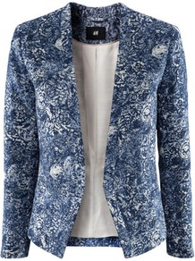 Jacket - style: single breasted blazer; collar: standard lapel/rever collar; predominant colour: navy; occasions: casual, evening, work, occasion; length: standard; fit: tailored/fitted; fibres: cotton - mix; waist detail: fitted waist; sleeve length: long sleeve; sleeve style: standard; trends: statement prints; collar break: low/open; pattern type: fabric; pattern size: standard; pattern: patterned/print; texture group: woven light midweight