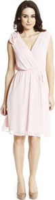 Corsage Shoulder Dress - style: faux wrap/wrap; neckline: low v-neck; fit: fitted at waist; pattern: plain; sleeve style: sleeveless; waist detail: belted waist/tie at waist/drawstring; bust detail: ruching/gathering/draping/layers/pintuck pleats at bust; predominant colour: blush; occasions: evening, occasion; length: on the knee; fibres: polyester/polyamide - 100%; hip detail: ruching/gathering at hip; shoulder detail: added shoulder detail; sleeve length: sleeveless; texture group: sheer fabrics/chiffon/organza etc.; trends: volume; pattern type: fabric; pattern size: small & light