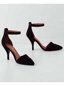 Solace Heels - predominant colour: black; occasions: evening, work, occasion; material: leather; heel height: mid; embellishment: zips; ankle detail: ankle strap; heel: standard; toe: pointed toe; style: courts; finish: plain; pattern: plain