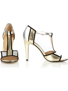 Nicky T Bar Heels - predominant colour: gold; occasions: evening, occasion; material: leather; heel height: high; ankle detail: ankle strap; heel: stiletto; toe: open toe/peeptoe; style: t-bar; trends: metallics; finish: metallic; pattern: colourblock