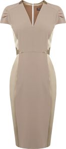 Women's Elouise Crepe Dress, Mink - style: shift; neckline: v-neck; sleeve style: capped; fit: tailored/fitted; pattern: plain; waist detail: fitted waist; hip detail: fitted at hip; predominant colour: taupe; occasions: evening, occasion; length: on the knee; fibres: polyester/polyamide - mix; sleeve length: short sleeve; texture group: crepes; pattern type: fabric; pattern size: standard
