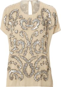 Day Light Twirling Tops, Cream - neckline: round neck; pattern: plain; bust detail: added detail/embellishment at bust; waist detail: embellishment at waist/feature waistband; predominant colour: champagne; occasions: casual, evening, occasion, holiday; length: standard; style: top; fibres: silk - mix; fit: straight cut; shoulder detail: added shoulder detail; back detail: keyhole/peephole detail at back; sleeve length: short sleeve; sleeve style: standard; texture group: sheer fabrics/chiffon/organza etc.; pattern type: fabric; pattern size: big & busy; embellishment: beading