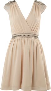 Women's Embellished Shoulder Cross Over Dress, Cream - style: faux wrap/wrap; length: mid thigh; neckline: low v-neck; sleeve style: sleeveless; waist detail: embellishment at waist/feature waistband; back detail: low cut/open back; predominant colour: nude; occasions: evening, occasion; fit: fitted at waist & bust; fibres: polyester/polyamide - 100%; shoulder detail: added shoulder detail; sleeve length: sleeveless; texture group: sheer fabrics/chiffon/organza etc.; trends: volume; pattern type: fabric; pattern size: small & light; embellishment: beading