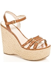 Jacinda Sandal - predominant colour: tan; occasions: casual, holiday; material: leather; heel height: high; embellishment: buckles; ankle detail: ankle strap; heel: wedge; toe: open toe/peeptoe; style: strappy; finish: plain; pattern: plain