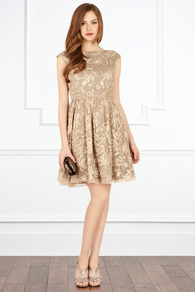 Josette Dress - sleeve style: sleeveless; style: prom dress; waist detail: fitted waist; predominant colour: gold; occasions: evening, occasion; length: just above the knee; fit: fitted at waist & bust; fibres: polyester/polyamide - 100%; neckline: crew; hip detail: soft pleats at hip/draping at hip/flared at hip; sleeve length: sleeveless; texture group: sheer fabrics/chiffon/organza etc.; pattern type: fabric; pattern size: standard; pattern: patterned/print; embellishment: embroidered