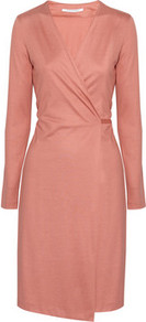 Terrazzo Silk And Cotton Blend Wrap Dress - style: faux wrap/wrap; neckline: v-neck; pattern: plain; waist detail: twist front waist detail/nipped in at waist on one side/soft pleats/draping/ruching/gathering waist detail; predominant colour: coral; occasions: casual, evening, work, occasion; length: just above the knee; fit: body skimming; fibres: silk - mix; sleeve length: long sleeve; sleeve style: standard; trends: glamorous day shifts; pattern type: fabric; texture group: jersey - stretchy/drapey
