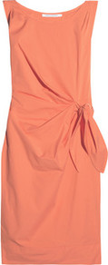 New Della Ruched Cotton Blend Dress - style: shift; neckline: round neck; fit: tailored/fitted; pattern: plain; sleeve style: sleeveless; waist detail: belted waist/tie at waist/drawstring; predominant colour: bright orange; occasions: evening, work; length: just above the knee; fibres: cotton - mix; sleeve length: sleeveless; texture group: silky - light; pattern type: fabric; pattern size: standard