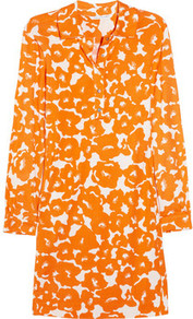 Nicole Printed Silk Jersey Dress - style: shirt; length: mid thigh; neckline: shirt collar/peter pan/zip with opening; secondary colour: white; predominant colour: bright orange; occasions: casual, work; fit: straight cut; fibres: silk - 100%; sleeve length: long sleeve; sleeve style: standard; texture group: silky - light; pattern type: fabric; pattern size: standard; pattern: patterned/print