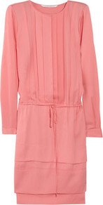 Francesca Stretch Silk Dress - style: shift; fit: tailored/fitted; pattern: plain; waist detail: belted waist/tie at waist/drawstring; bust detail: ruching/gathering/draping/layers/pintuck pleats at bust; predominant colour: pink; occasions: work, occasion; length: just above the knee; fibres: silk - mix; neckline: crew; sleeve length: long sleeve; sleeve style: standard; texture group: silky - light; pattern type: fabric; pattern size: standard