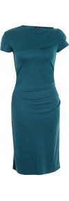 Teal Blue Exclusive Maria Wool Interlock Dress - style: shift; sleeve style: capped; pattern: plain; waist detail: fitted waist; predominant colour: teal; occasions: evening, work, occasion; length: just above the knee; fit: body skimming; fibres: wool - 100%; neckline: crew; shoulder detail: structured/bulky pleats/bulky detail at shoulder; sleeve length: short sleeve; trends: glamorous day shifts; pattern type: fabric; pattern size: standard; texture group: other - light to midweight