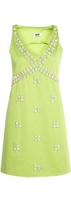 Shell Applique Sleeveless Dress - style: shift; length: mid thigh; neckline: low v-neck; pattern: plain; sleeve style: sleeveless; bust detail: added detail/embellishment at bust; predominant colour: lime; occasions: evening, occasion, holiday; fit: body skimming; fibres: cotton - mix; sleeve length: sleeveless; trends: glamorous day shifts; pattern type: fabric; pattern size: small & light; texture group: other - light to midweight; embellishment: beading