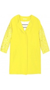 Luriasa Silk Cotton Embellished Coat - pattern: plain; length: below the bottom; bust detail: added detail/embellishment at bust; collar: round collar/collarless; style: single breasted; predominant colour: yellow; occasions: casual, evening, occasion; fit: straight cut (boxy); fibres: silk - mix; shoulder detail: added shoulder detail; sleeve length: 3/4 length; sleeve style: standard; texture group: silky - light; trends: metallics; collar break: high; pattern type: fabric; pattern size: small & light; embellishment: crystals