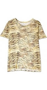 Alya Animal Print T Shirt - neckline: round neck; style: t-shirt; predominant colour: camel; occasions: casual; length: standard; fibres: linen - 100%; fit: straight cut; sleeve length: short sleeve; sleeve style: standard; pattern type: fabric; pattern size: big & busy; pattern: animal print; texture group: jersey - stretchy/drapey