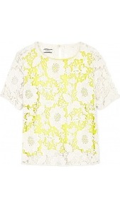 Voleria Crochet Top - neckline: round neck; style: t-shirt; predominant colour: primrose yellow; occasions: casual, evening, work, holiday; length: standard; fibres: polyester/polyamide - 100%; fit: straight cut; back detail: keyhole/peephole detail at back; sleeve length: short sleeve; sleeve style: standard; texture group: lace; trends: high impact florals; pattern type: fabric; pattern size: small & busy; pattern: florals