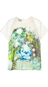 Ociane Silk Printed Top - style: t-shirt; shoulder detail: contrast pattern/fabric at shoulder; predominant colour: dark green; occasions: casual, evening, work, holiday; length: standard; fibres: silk - 100%; fit: body skimming; neckline: crew; bust detail: contrast pattern/fabric/detail at bust; back detail: keyhole/peephole detail at back; sleeve length: short sleeve; sleeve style: standard; texture group: silky - light; trends: high impact florals; pattern type: fabric; pattern size: small & busy; pattern: patterned/print