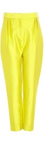 Corrones Silk Cotton Trousers - pattern: plain; style: capri; pocket detail: small back pockets, pockets at the sides; waist detail: wide waistband/cummerbund; waist: high rise; predominant colour: yellow; occasions: casual, evening, work, occasion, holiday; length: ankle length; fibres: silk - 100%; hip detail: front pleats at hip level; texture group: silky - light; trends: fluorescent; fit: tapered; pattern type: fabric
