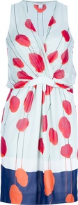 'Jessica' Printed Dress - style: faux wrap/wrap; neckline: v-neck; fit: fitted at waist; sleeve style: sleeveless; waist detail: fitted waist; predominant colour: pale blue; occasions: evening, occasion; length: just above the knee; fibres: silk - 100%; sleeve length: sleeveless; texture group: silky - light; pattern type: fabric; pattern size: big & busy; pattern: patterned/print